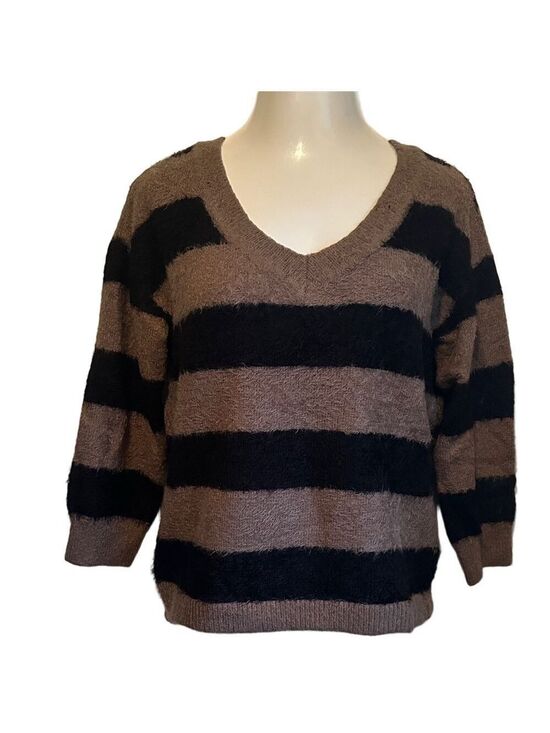 BB Dakota Sweaters - BB Dakota V-Neck Sweater - Black and Brown Stripes Medium